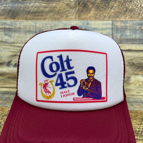 Colt 45 Billy Dee Williams Unisex Trucker Hat Maroon Snapback Malt Liquor Cap - Picture 3 of 8